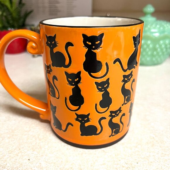Halloween Cat Coffee Mug Orange Black Feline Spooky Ceramic Large Home Decor Big - Picture 5 of 7